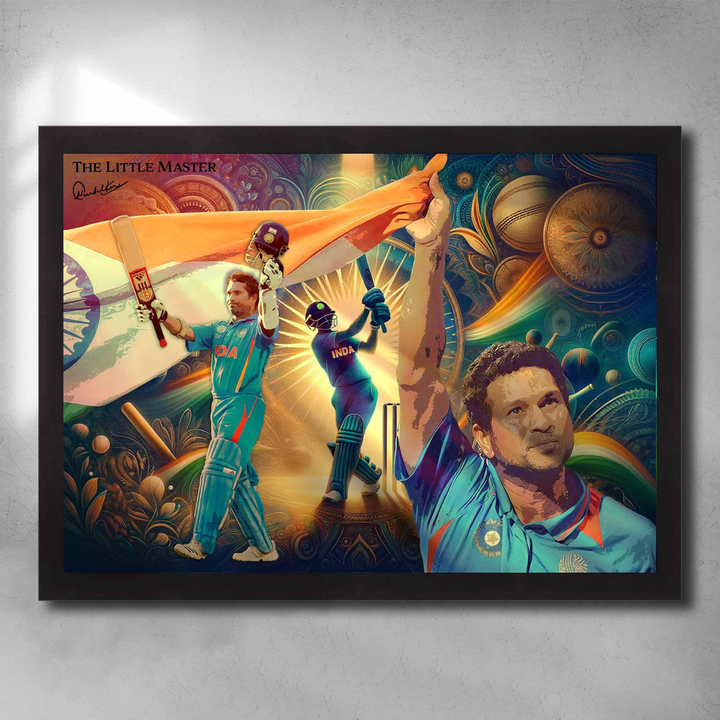 Black framed cricket art featuring Sachin Tendulkar "The Little Master" playing for India in a ODI - Artwork by Sports Cave.