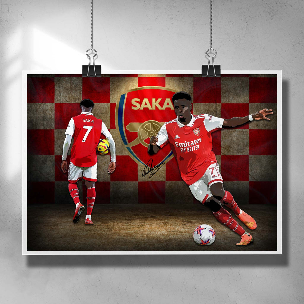 Soccer poster by Sports Cave, featuring Bukayo Saka from Arsenal Football Club.