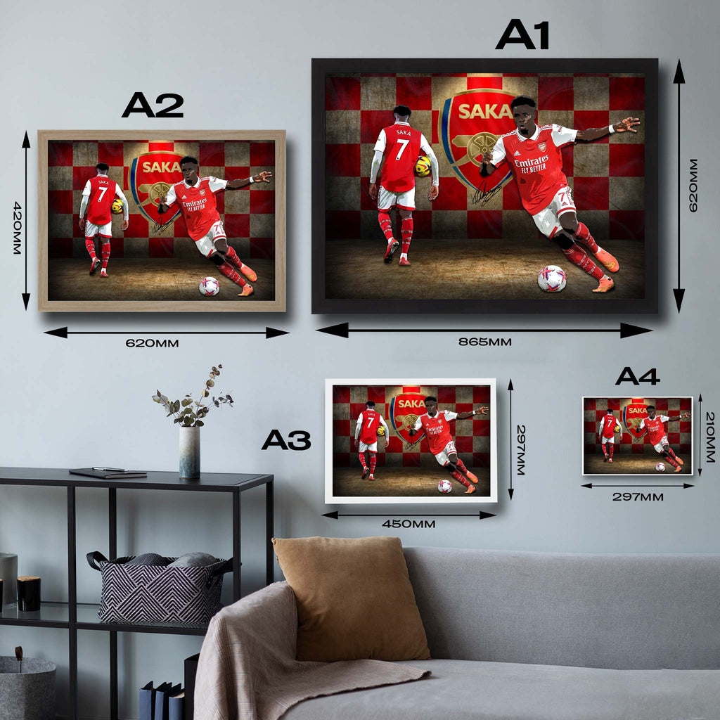 Framed art sizing guide of Bukayo Saka from Arsenal Football Club.