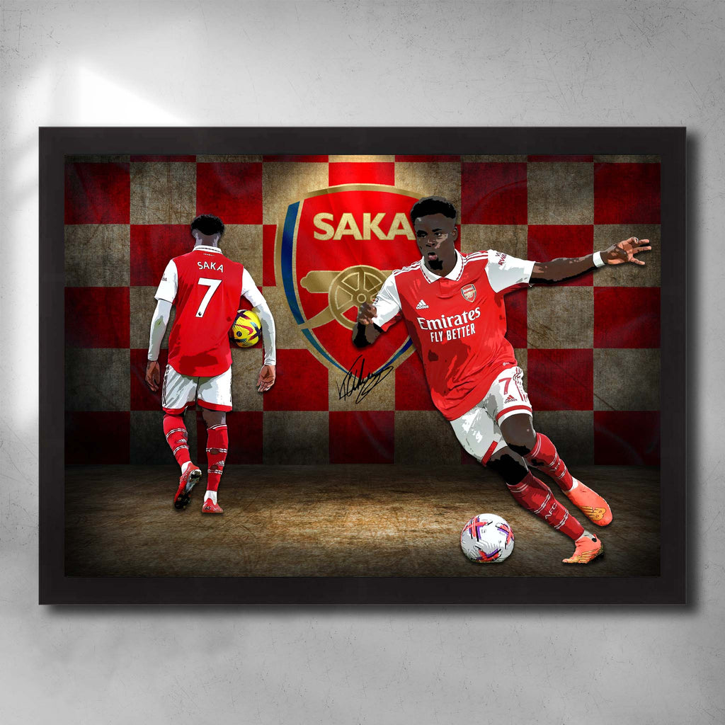 Black framed soccer art by Sports Cave, featuring Bukayo Saka from Arsenal Football Club.
