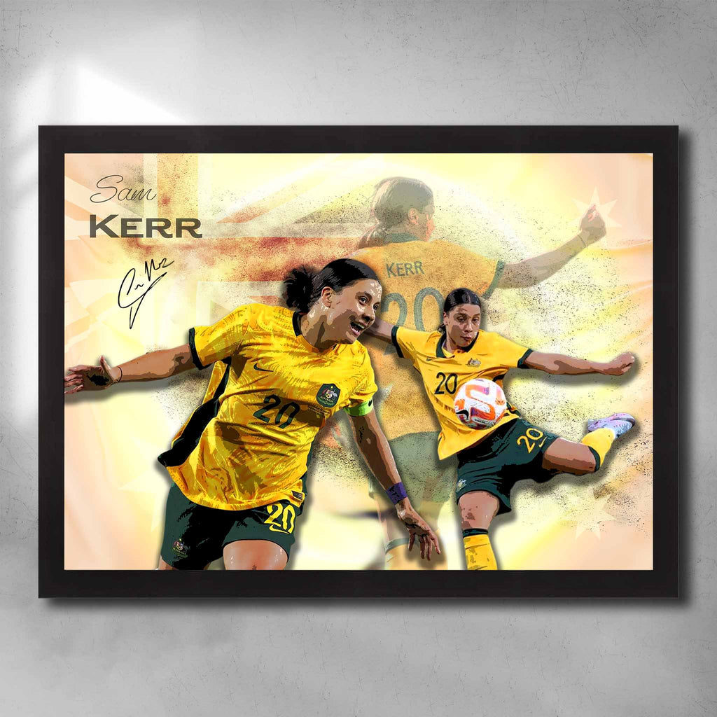 Black framed signed soccer art featuring Sam Kerr for the Australian Matilda's, artwork by Sports Cave. 