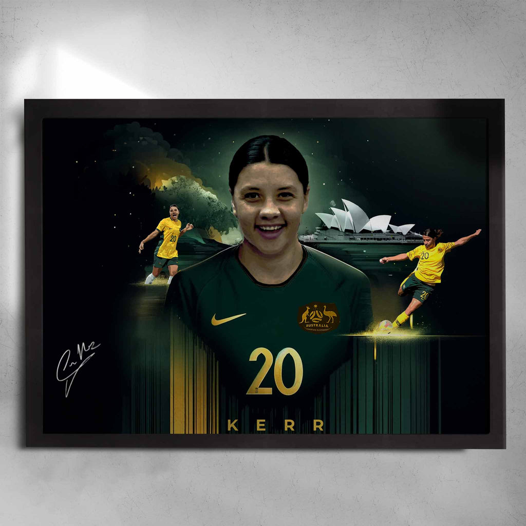 Black framed Women's soccer art by Sports Cave, featuring Sam Kerr from the Australian Matilda's.