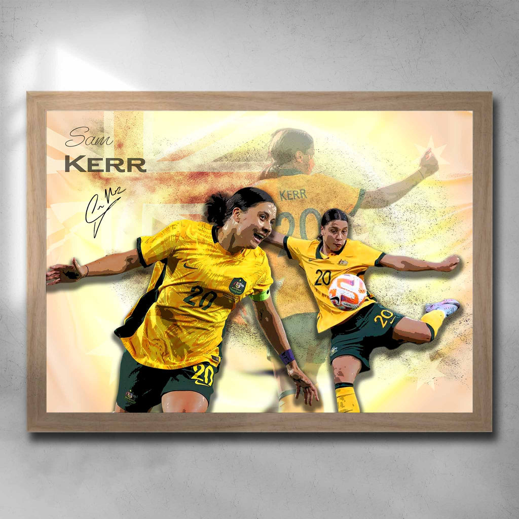 Rustic oak framed signed soccer art featuring Sam Kerr for the Australian Matilda's, artwork by Sports Cave. 