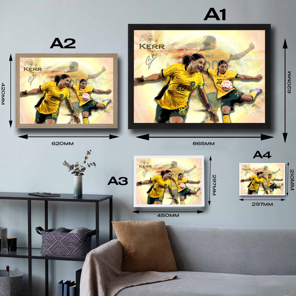 Visual representation of Sam Kerr framed art size options, ranging from A4 to A2, to assist customers in selecting the right size for their space and preferences.