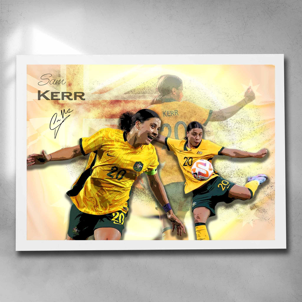 Elegant white framed signed soccer art featuring Sam Kerr for the Australian Matilda's, artwork by Sports Cave. 