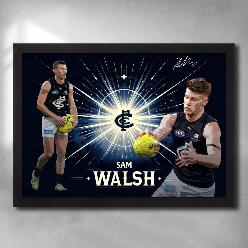 Black framed AFL art by Sports Cave, featuring Sam Walsh from the Carlton Blues.