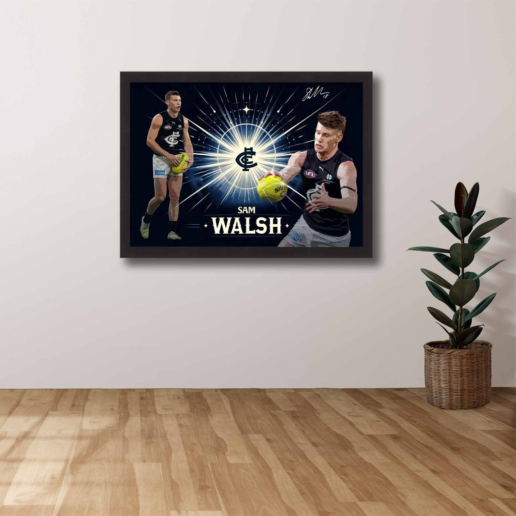 AFL Die-hard Supporters House, featuring a framed print of Sam Walsh showcased on the wall.