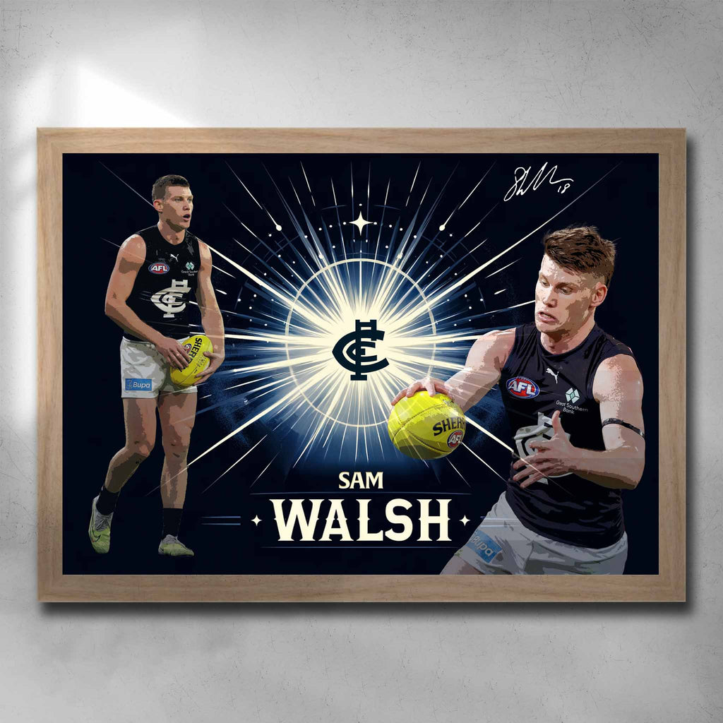 Oak framed AFL art by Sports Cave, featuring Sam Walsh from the Carlton Blues.