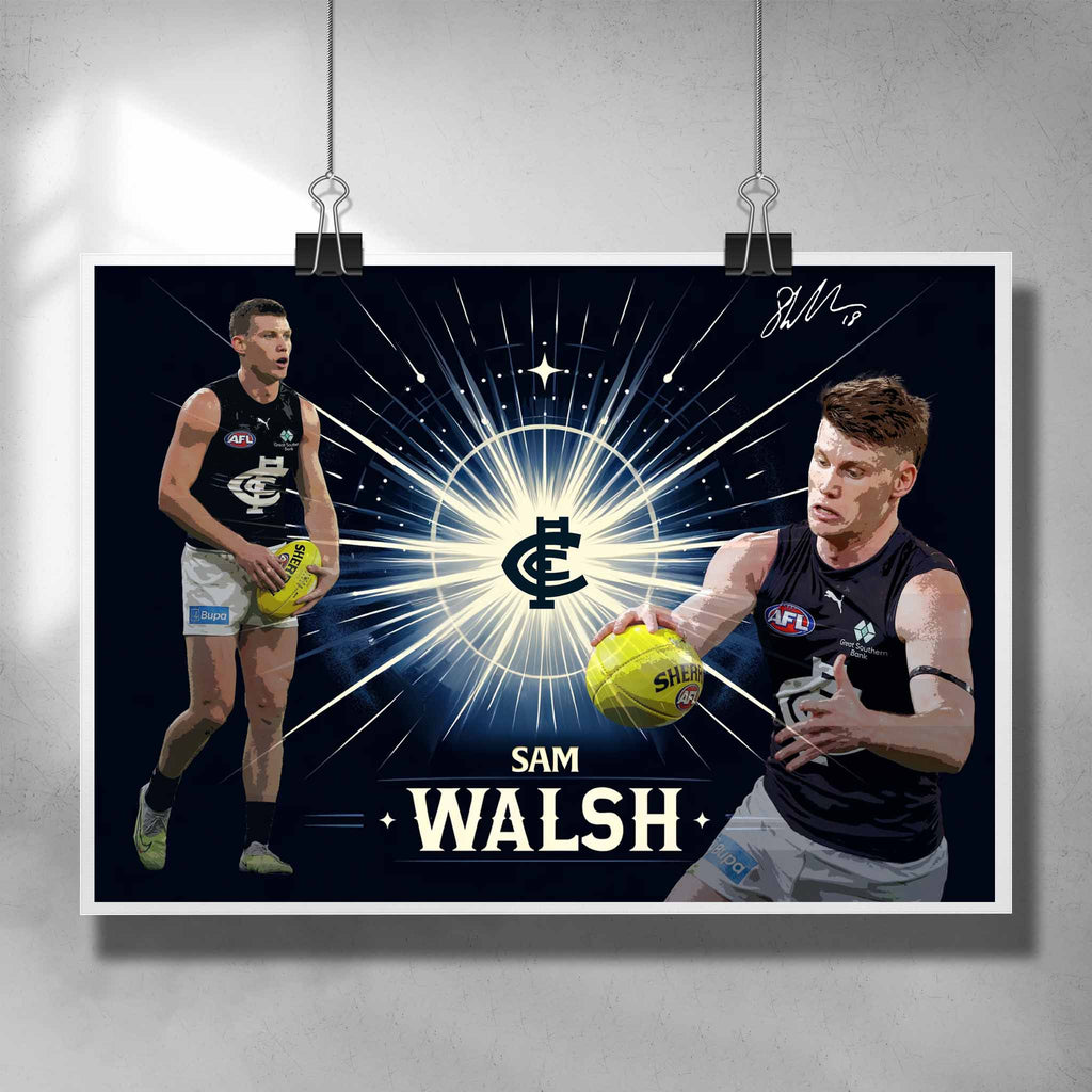 AFL Poster by Sports Cave, featuring Sam Walsh from the Carlton Blues.