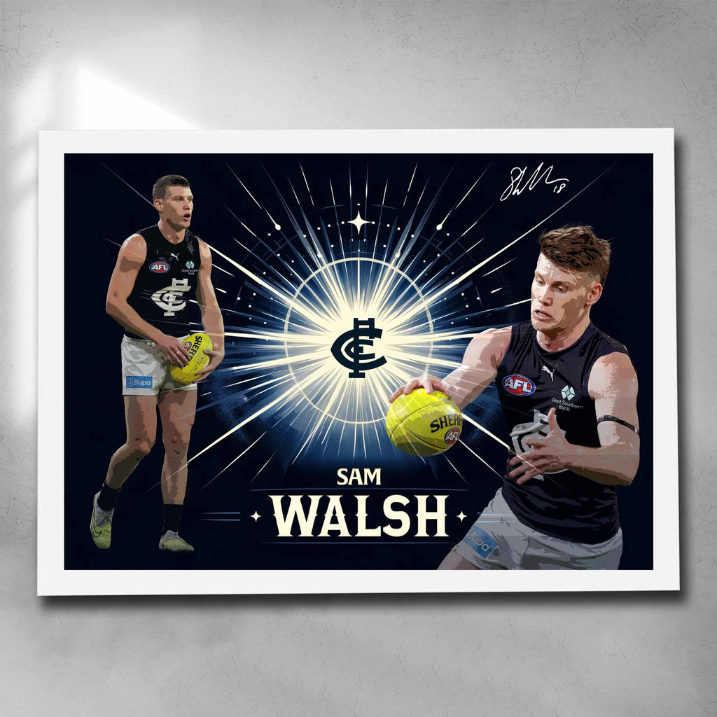 White framed AFL art by Sports Cave, featuring Sam Walsh from the Carlton Blues.