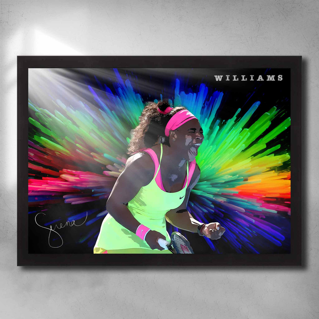Black framed tennis art by Sports cave, featuring tennis legend Serena Williams. 