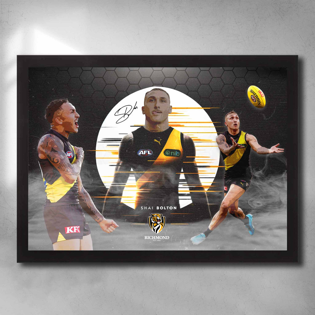 Black framed AFL poster by Sports Cave, featuring Shai Bolton from the Richmond Tigers.