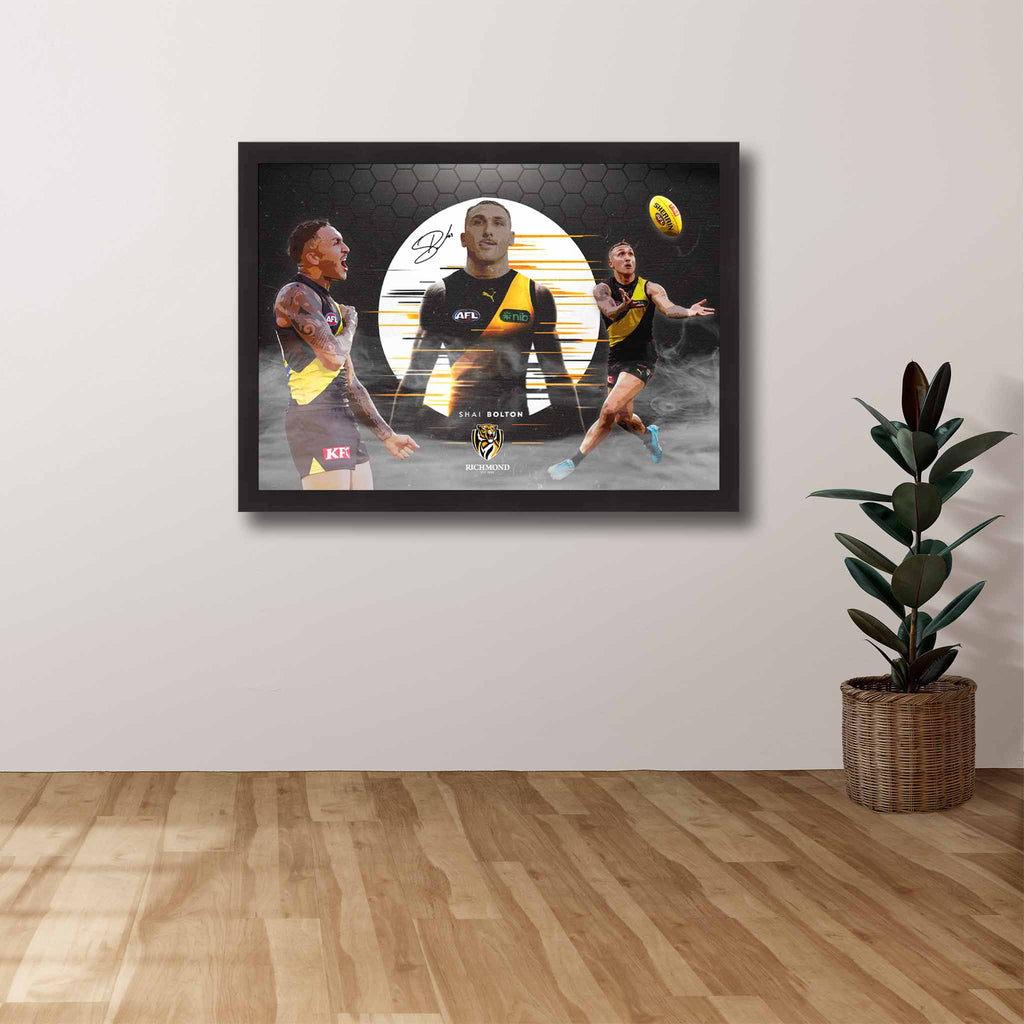 AFL Die-hard Supporters House, featuring a framed print of Shai Bolton showcased on the wall.