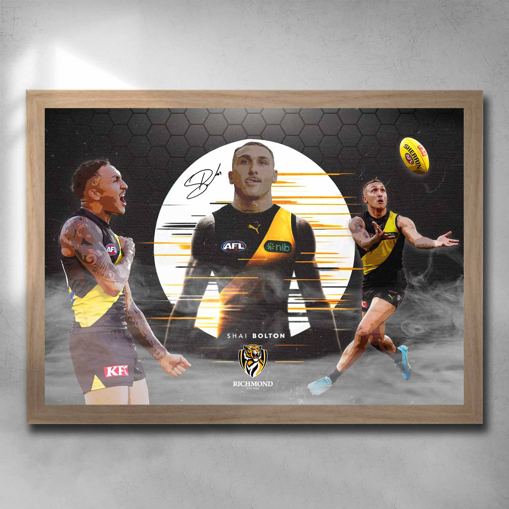 Oak framed AFL poster by Sports Cave, featuring Shai Bolton from the Richmond Tigers.