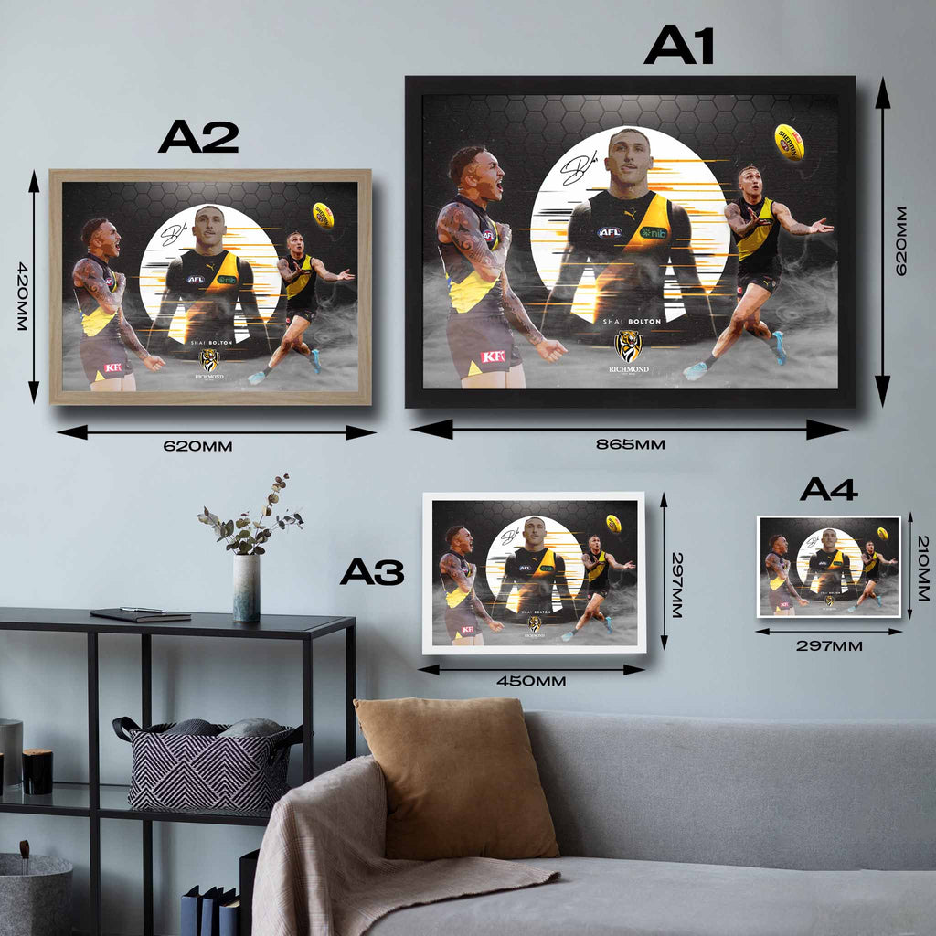 Visual representation of Shai Bolton framed art size options, ranging from A4 to A2, for selecting the right size for your space.