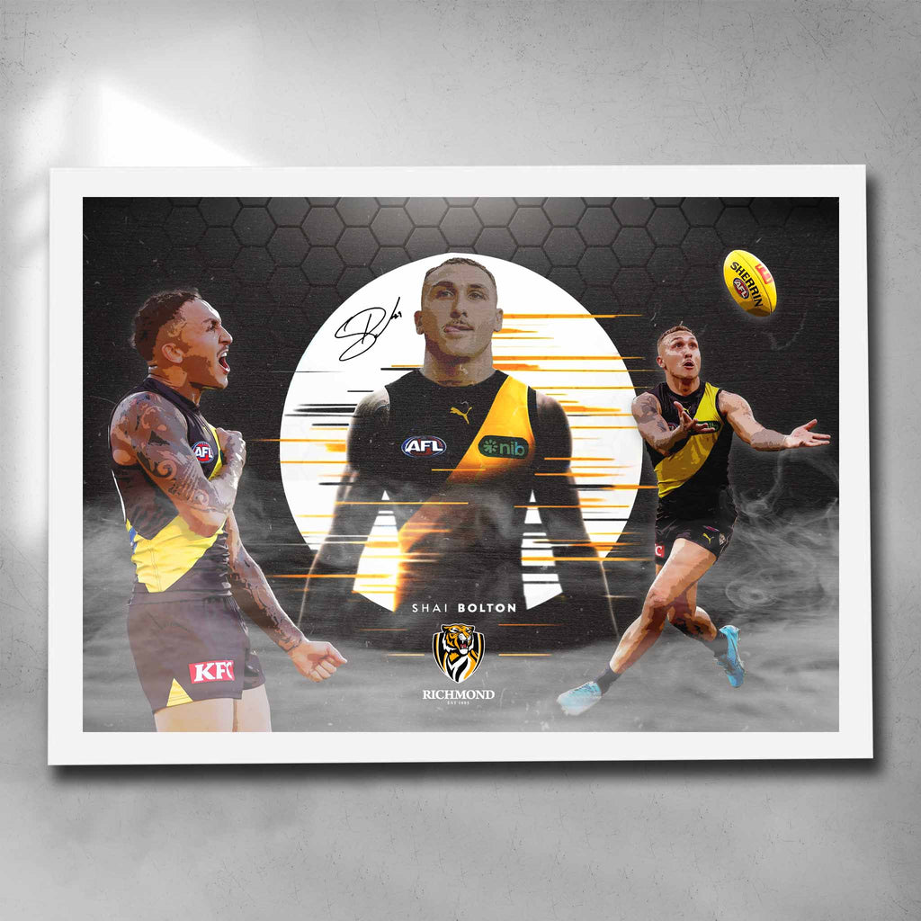 White framed AFL poster by Sports Cave, featuring Shai Bolton from the Richmond Tigers.