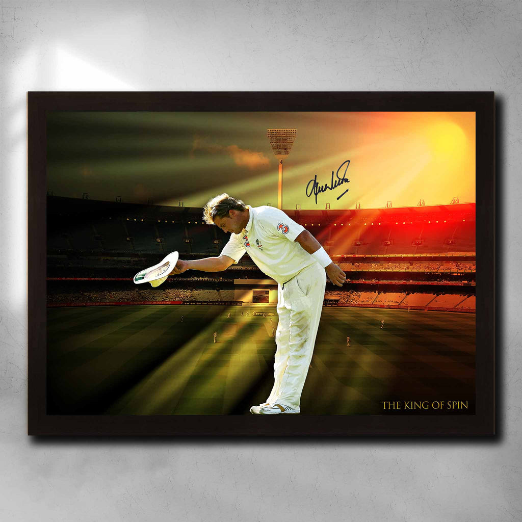 Black framed cricket art featuring the king of spin signed by Shane Warne - Artwork by Sports Cave.