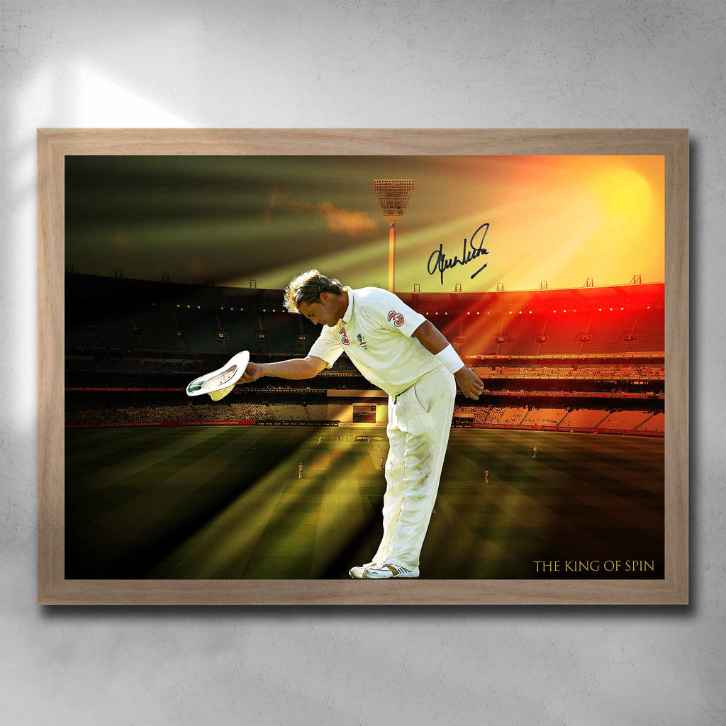 Oak framed cricket art featuring the king of spin signed by Shane Warne - Artwork by Sports Cave