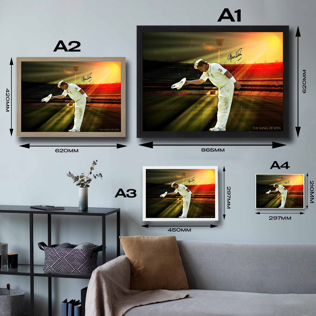 Visual representation of Shane Warne framed art size options, ranging from A4 to A2, to assist customers in selecting the right size for their space and preferences.