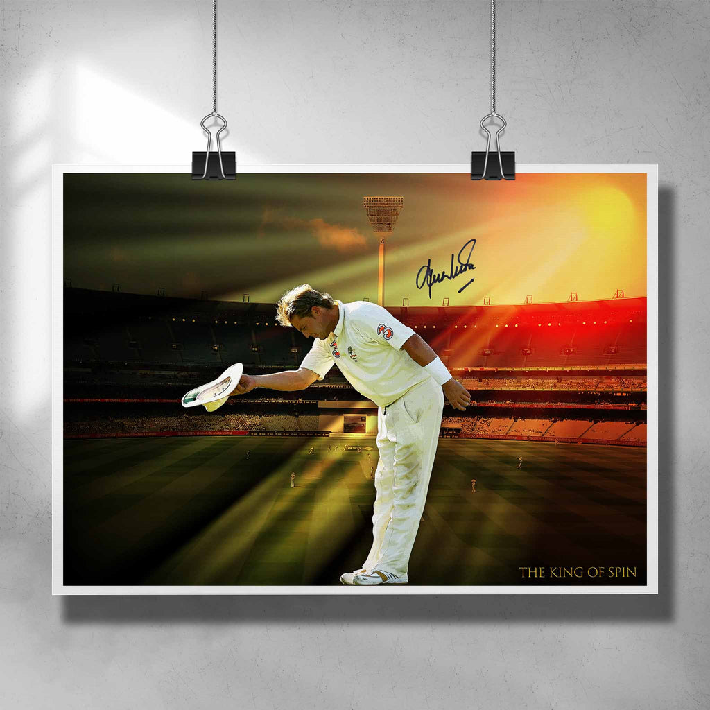 Unique cricket poster featuring the king of spin signed by Shane Warne - Artwork by Sports Cave.