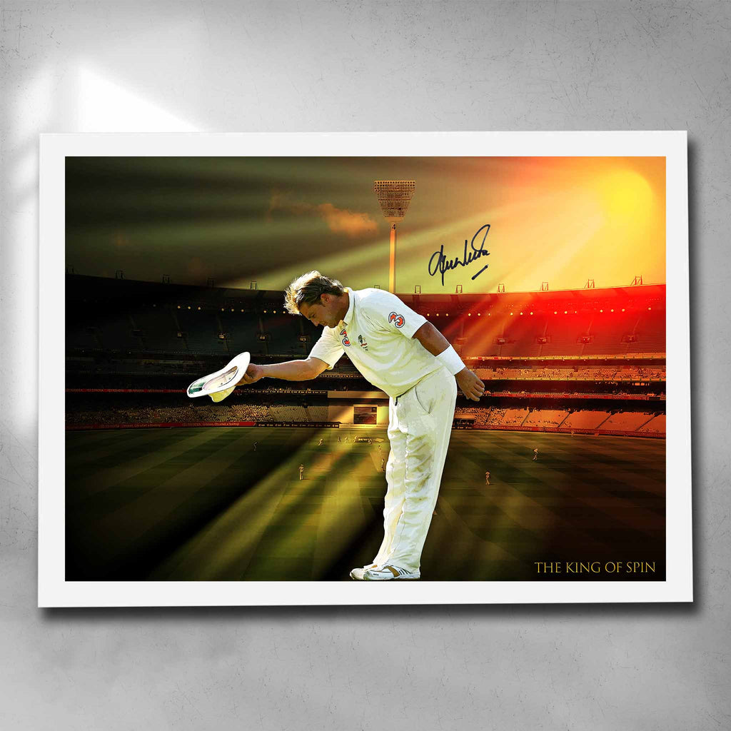 White framed cricket art featuring the king of spin signed by Shane Warne - Artwork by Sports Cave