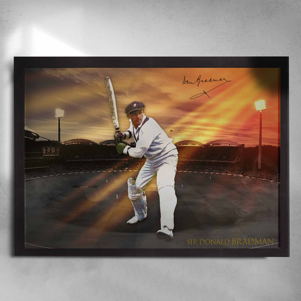 Black framed cricket memorabilia by Sports Cave featuring the legend Sir Donald Bradman.
