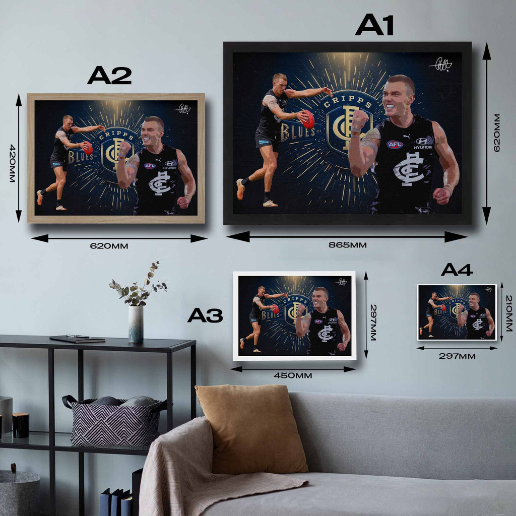 Visual representation of Patrick Cripps framed art size options, ranging from A4 to A2, for selecting the right size for your space.