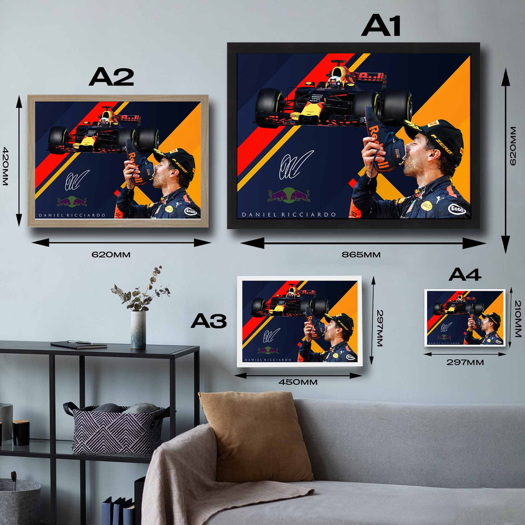 Visual representation of Daniel Ricciardo framed art size options, ranging from A4 to A2, to assist customers in selecting the right size for their space and preferences.