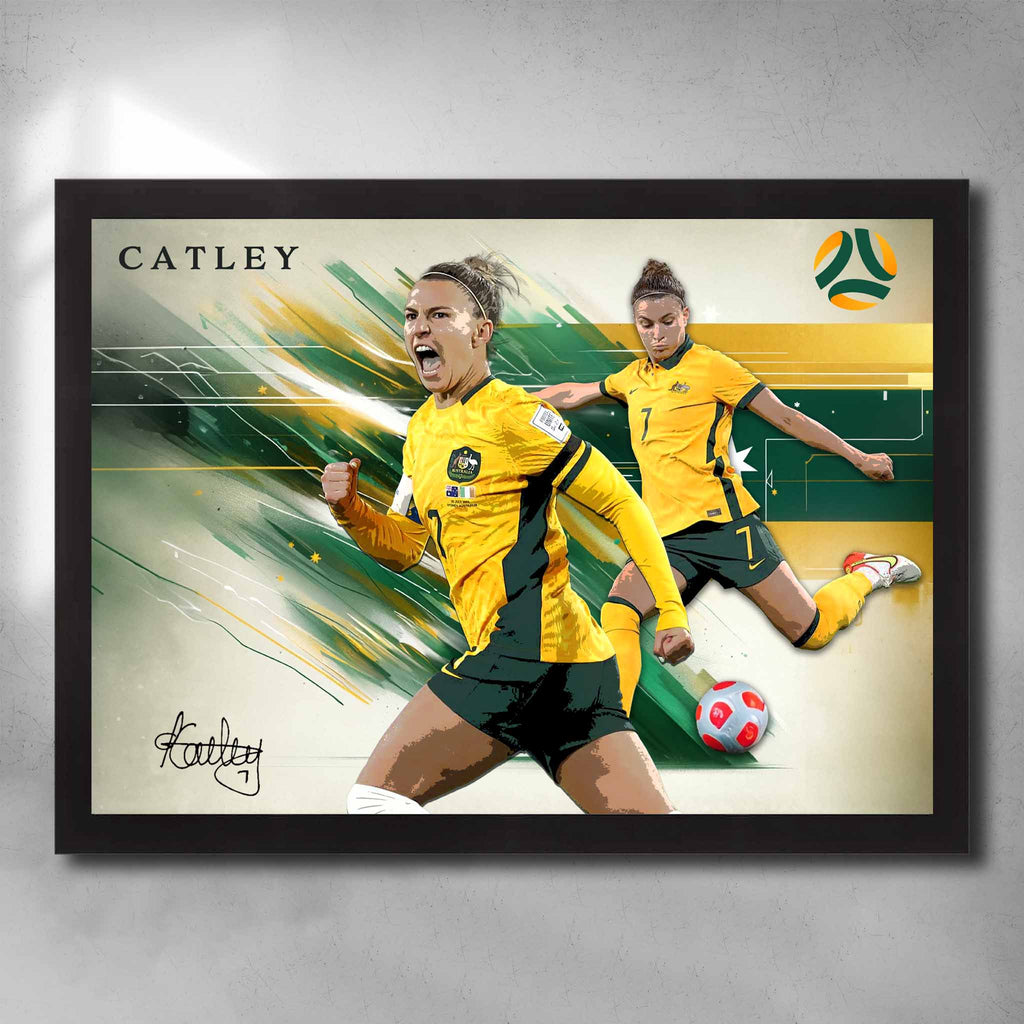 Black framed soccer art by Sports Cave, featuring women's soccer player from the Matilda's, Steph Catley.