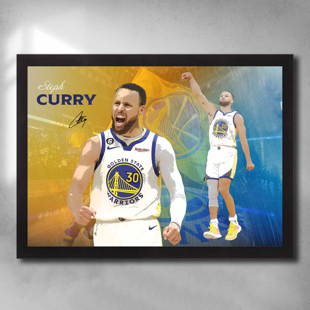 Black framed NBA art by Sports Cave, featuring Stephen Curry from the Golden State Warriors.