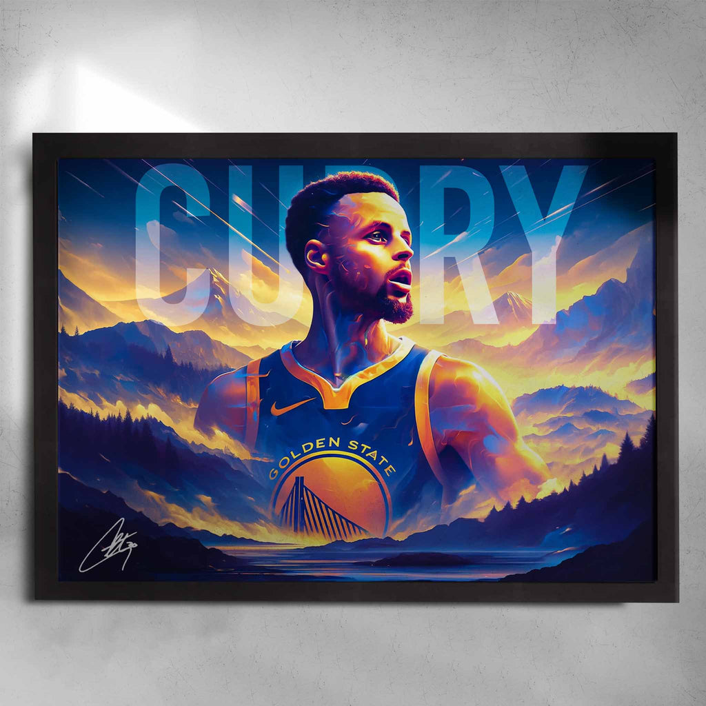 Black framed NBA Art by Sports Cave featuring Stephen Curry from the Golden State Warriors.