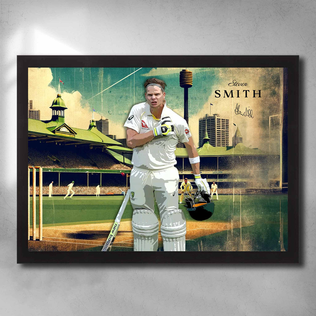 A signed cricket print featuring Steven Smith from the Australian cricket team in a Black frame by Sports Cave.