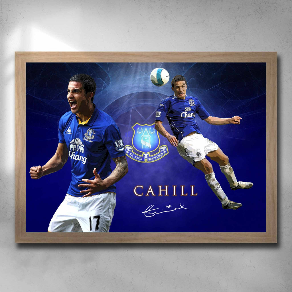 Oak framed soccer art by Sports Cave, featuring Tim Cahill from Everton FC.