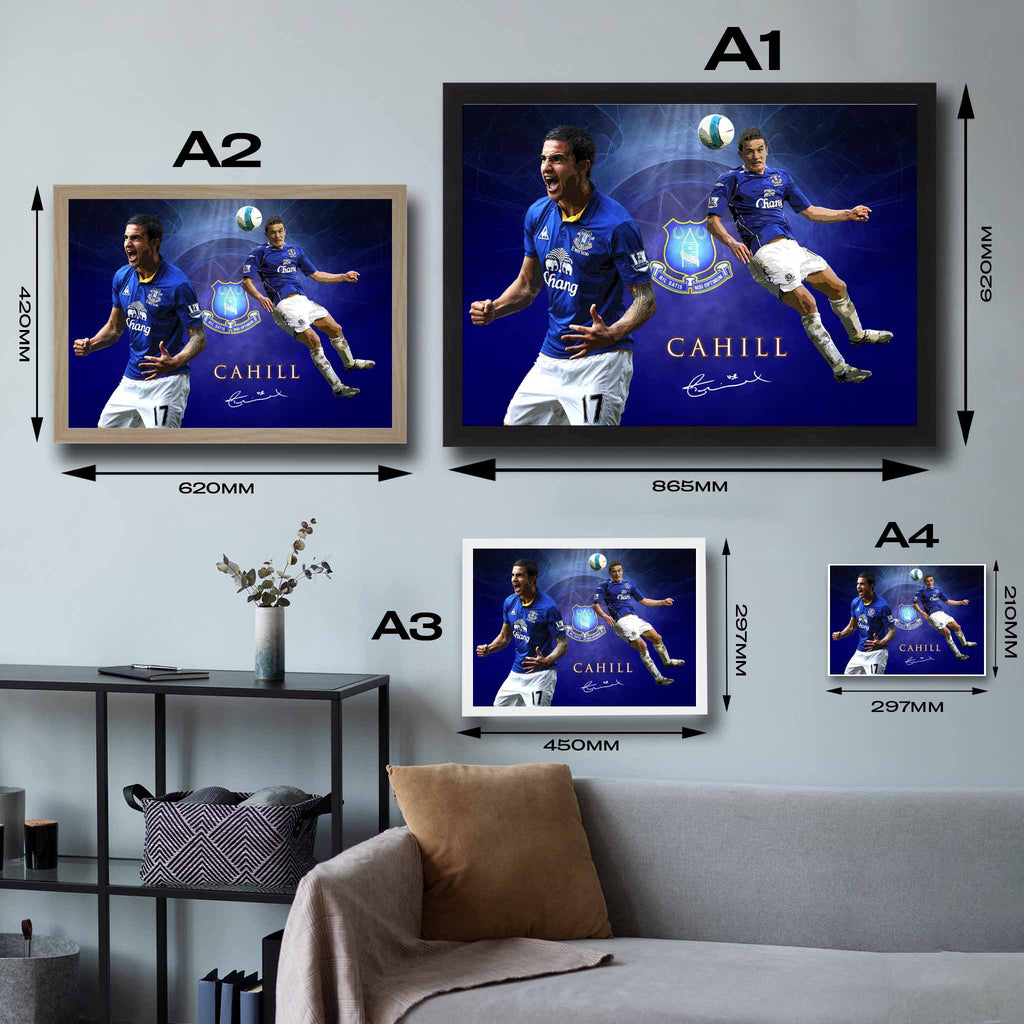 Visual representation of Tim Cahill Everton framed art size options, ranging from A4 to A2, for selecting the right size for your space.