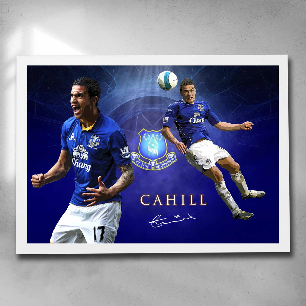 White framed soccer art by Sports Cave, featuring Tim Cahill from Everton FC.