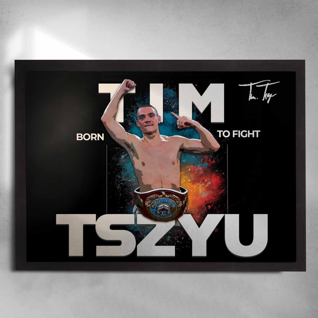 Sports Cave's Tim Tszyu Boxing Tribute Art Poster in a black frame, highlighting the champion's iconic moments.