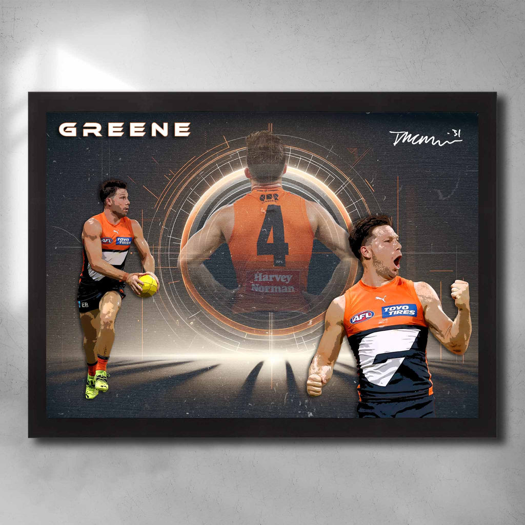 Black framed AFL art by Sports Cave, featuring Toby Greene from the Greater Western Sydney Giants.