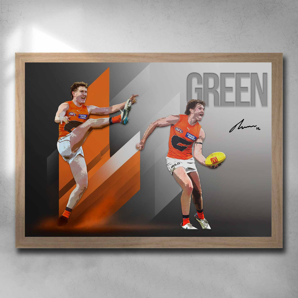 Oak framed AFL art by Sports Cave, featuring Tom Green from the GWS Giants.