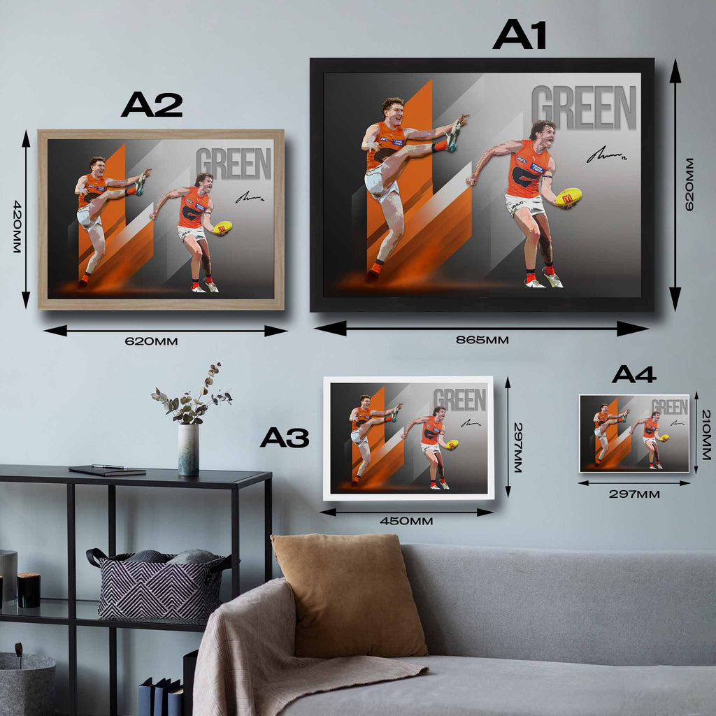 Visual representation of Tom Green framed art size options, ranging from A4 to A2, for selecting the right size for your space.