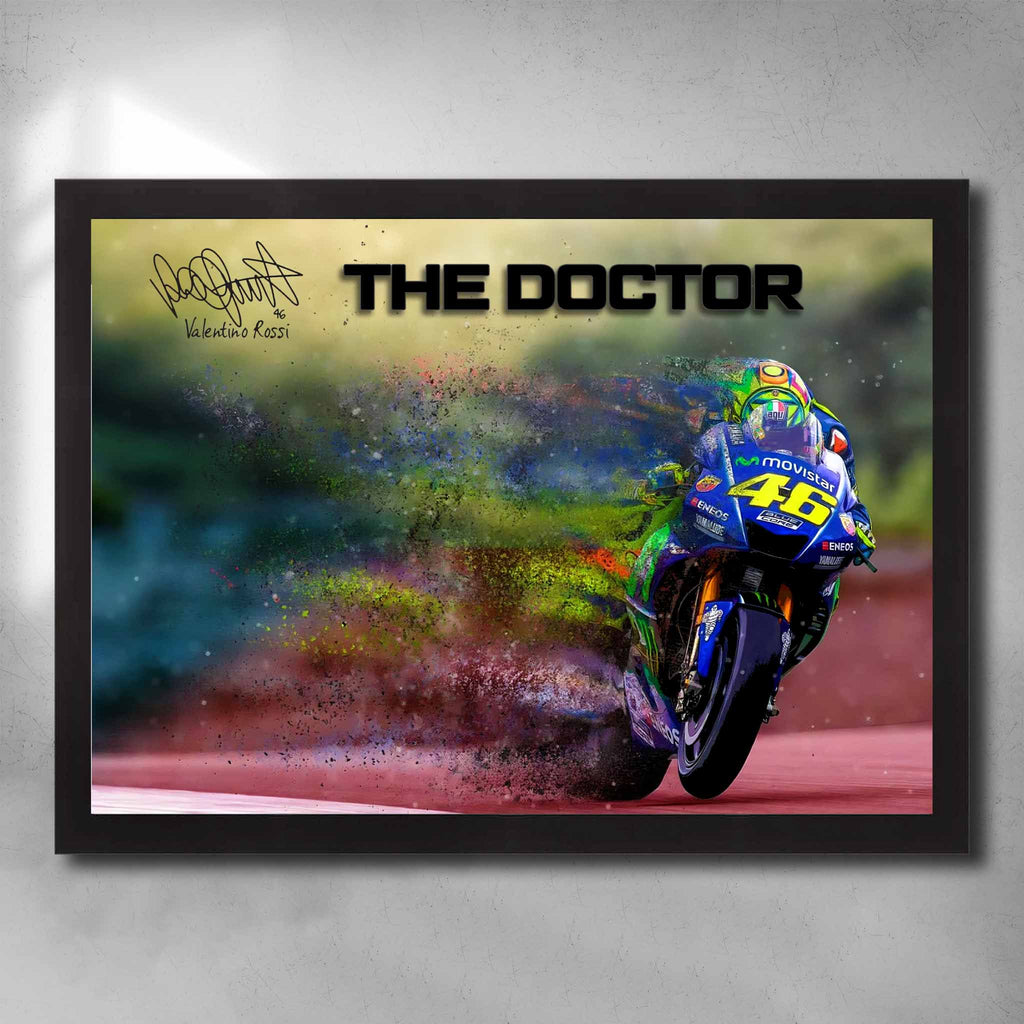 Black framed Moto GP Racing Art by Sports Cave, featuring "the doctor" Valentino Rossi.