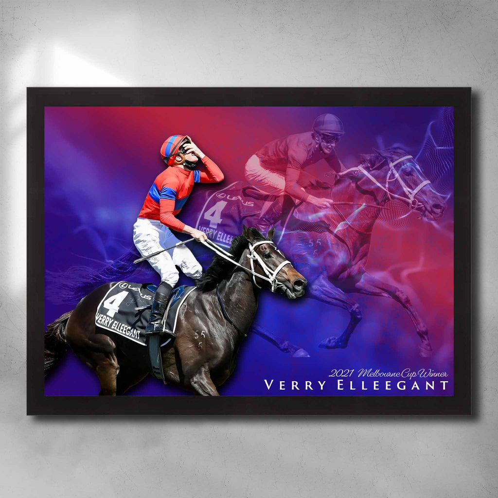 Black framed horse racing art by Sports Cave, featuring the Melbourne Cup winner of 2022 Verry Elleegant.