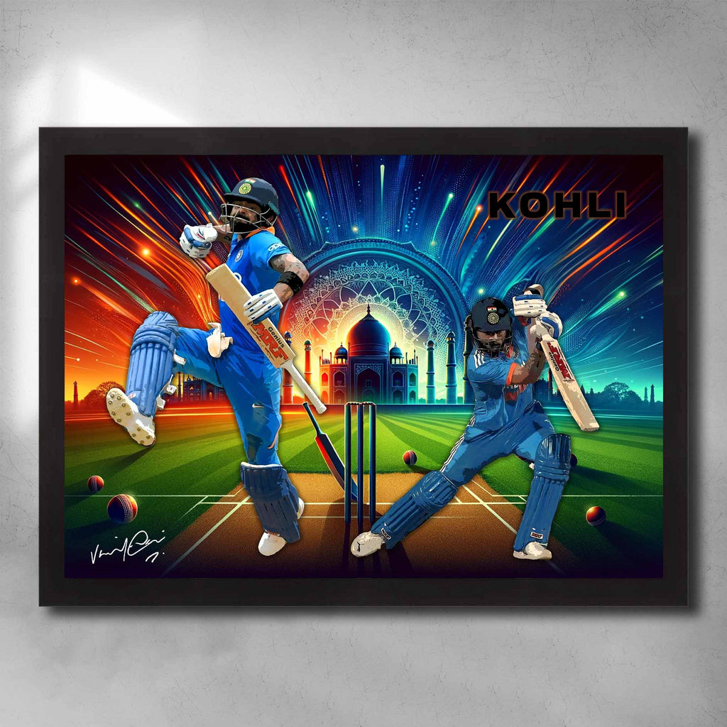 Black framed cricket art featuring Virat Kohli from the Indian ODI Team - Artwork by Sports Cave.
