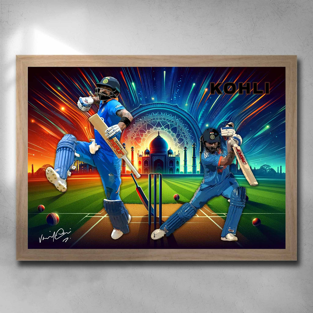 Oak framed cricket art featuring Virat Kohli from the Indian ODI Team - Artwork by Sports Cave.
