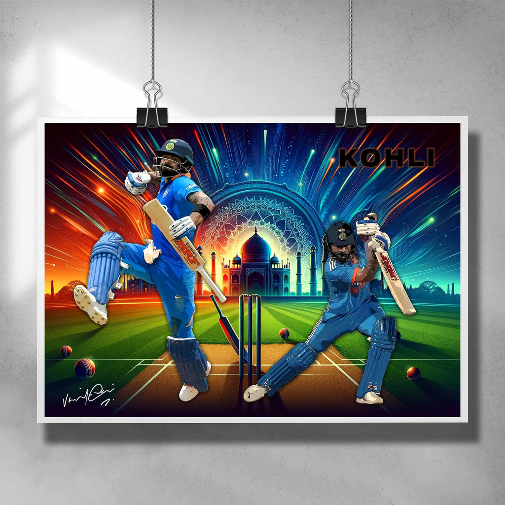 Unique signed cricket poster featuring Virat Kohli from the Indian ODI Team - Artwork by Sports Cave.
