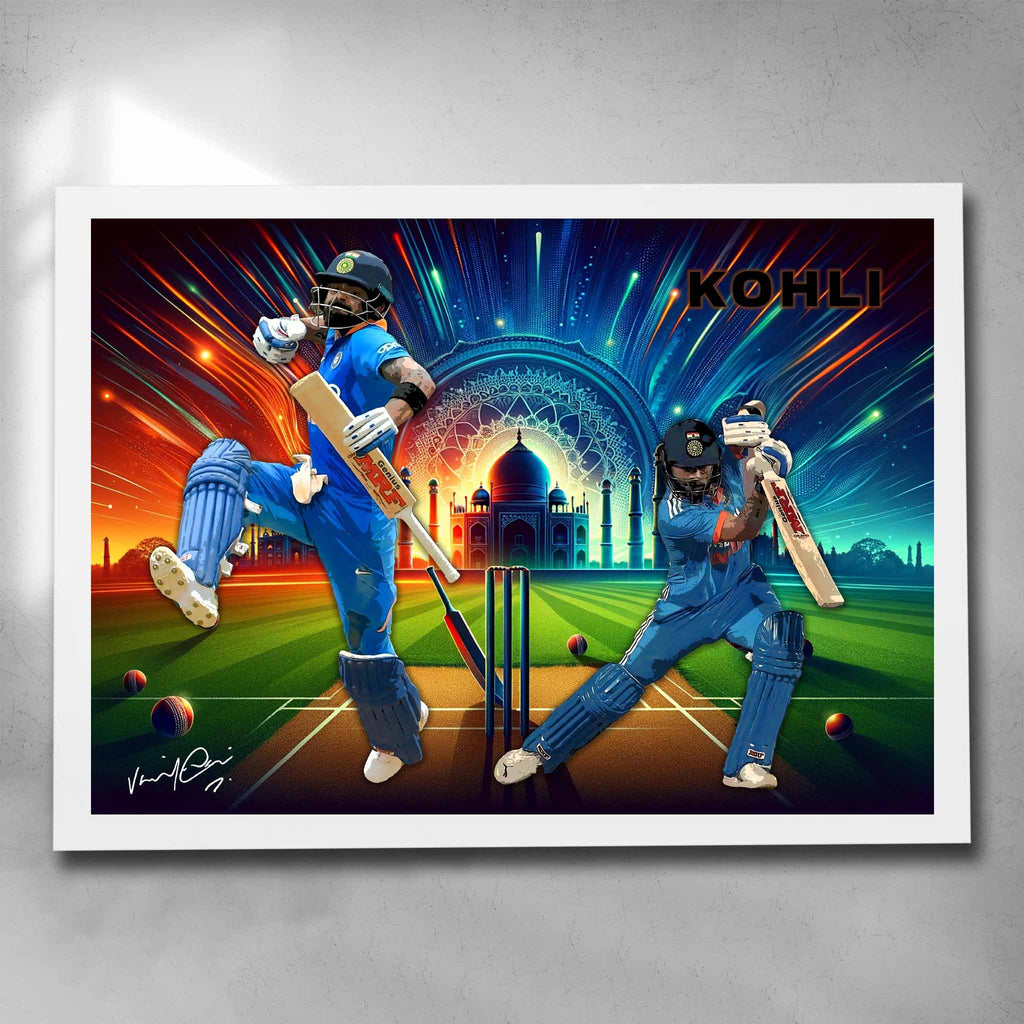White framed cricket art featuring Virat Kohli from the Indian ODI Team - Artwork by Sports Cave.