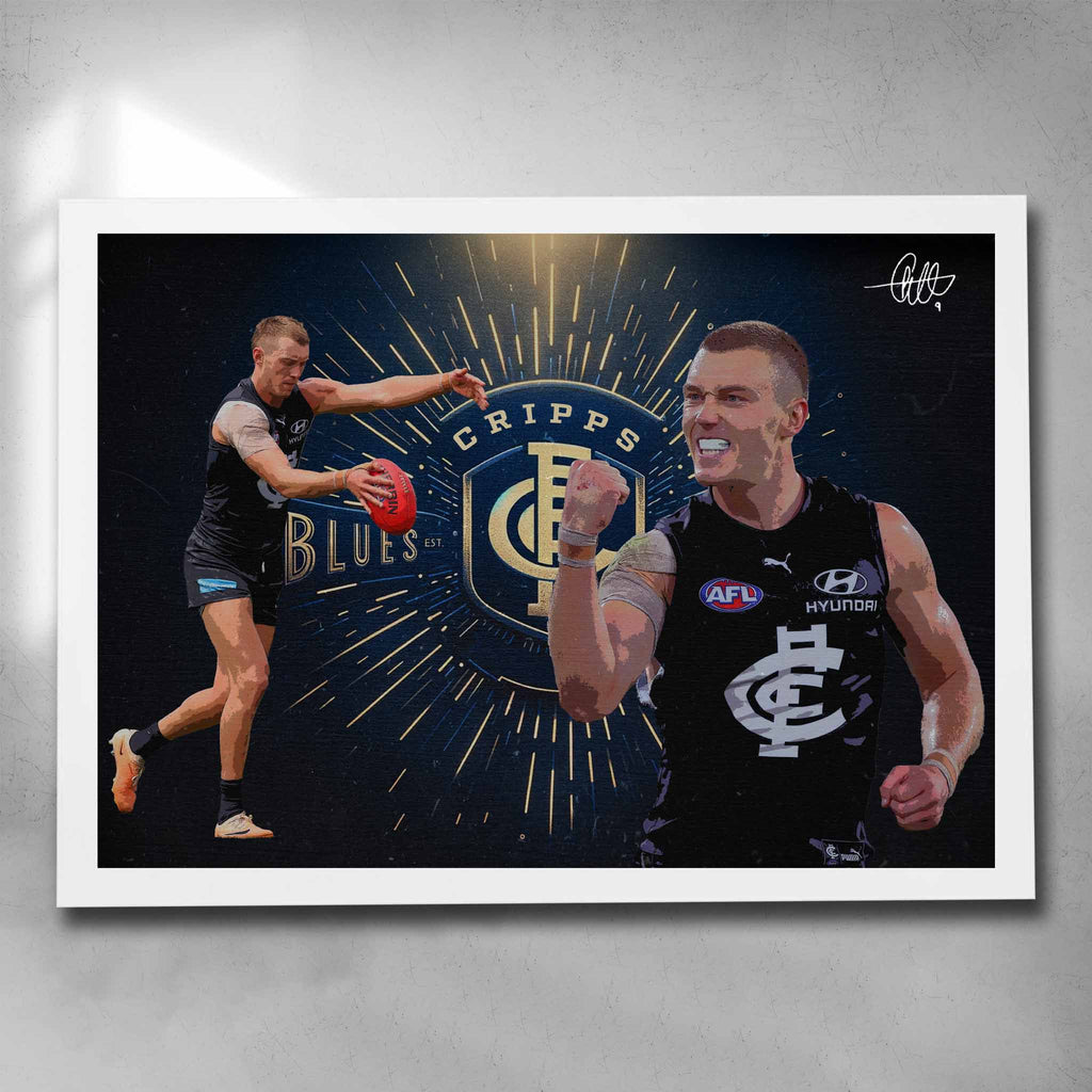 White framed AFL art by Sports Cave, featuring Patrick Cripps from the Carlton Blues.