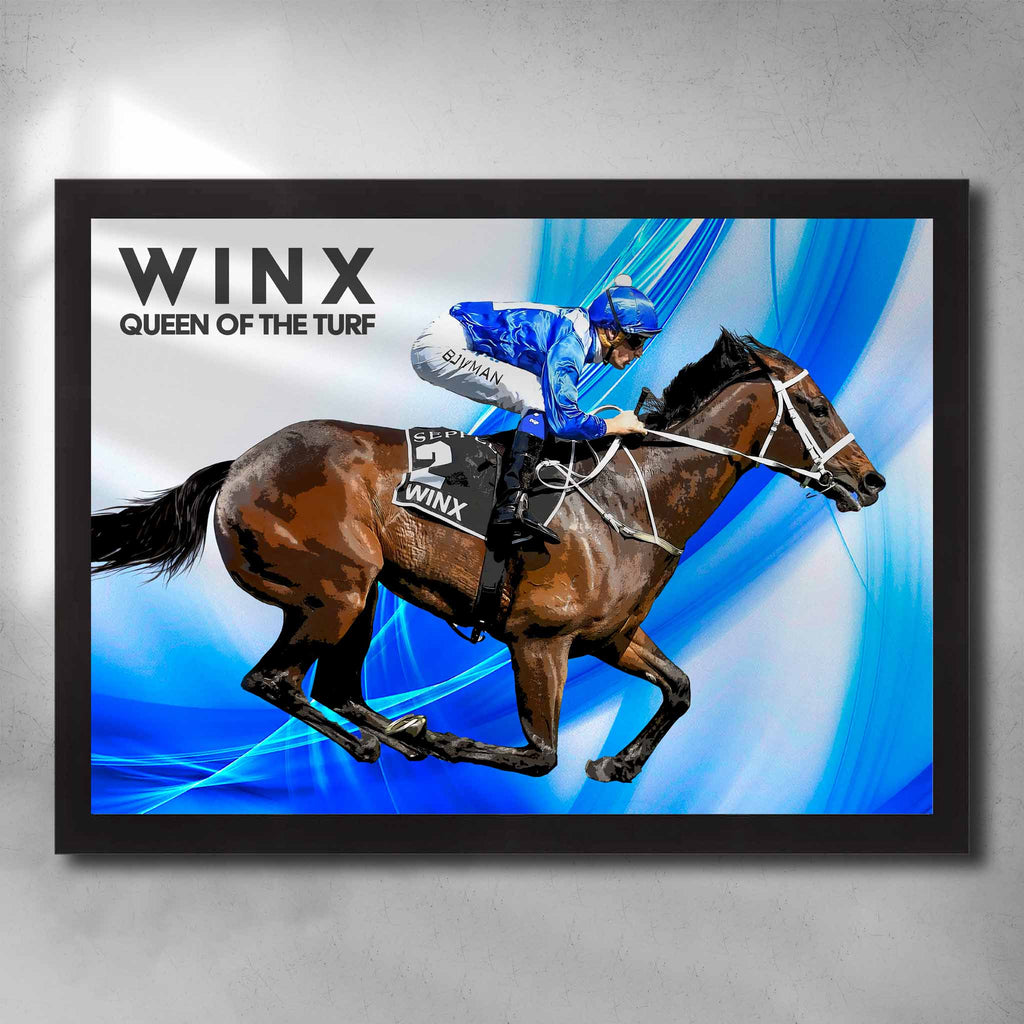 Black framed horse racing art by Sports Cave, featuring the greatest racehorse of all time, Winx - Queen of the turf.