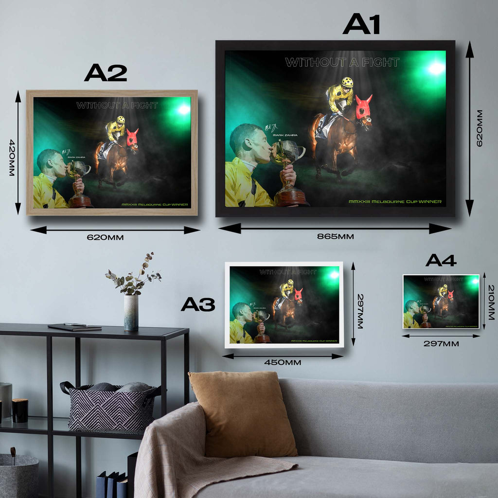 Visual representation of Without a Fight framed art size options, ranging from A4 to A2, for selecting the right size for your space.