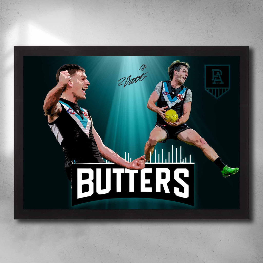 Black framed AFL art by Sports Cave. featuring Zac Butters from the Port Adelaide Power.