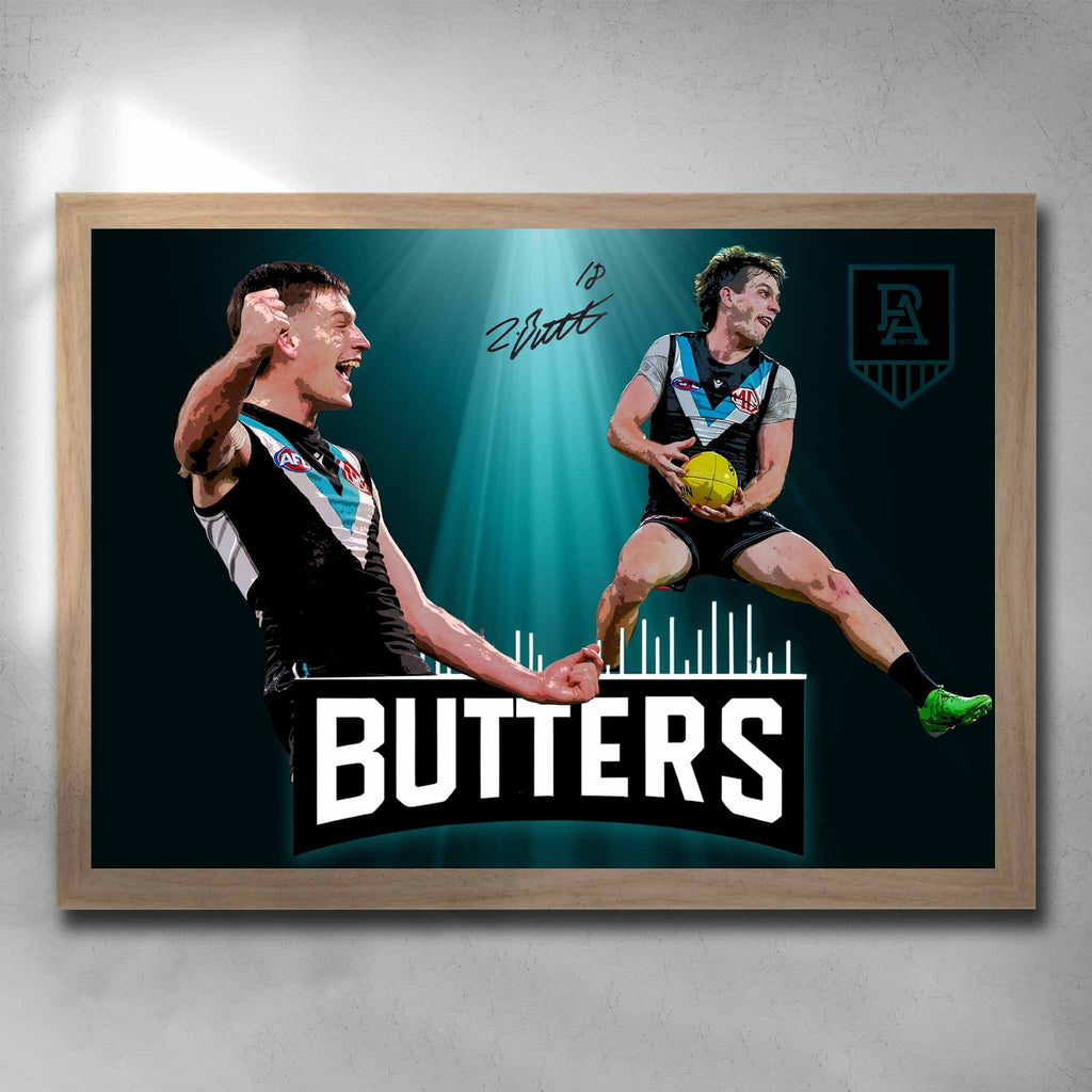 Oak framed AFL art by Sports Cave. featuring Zac Butters from the Port Adelaide Power.